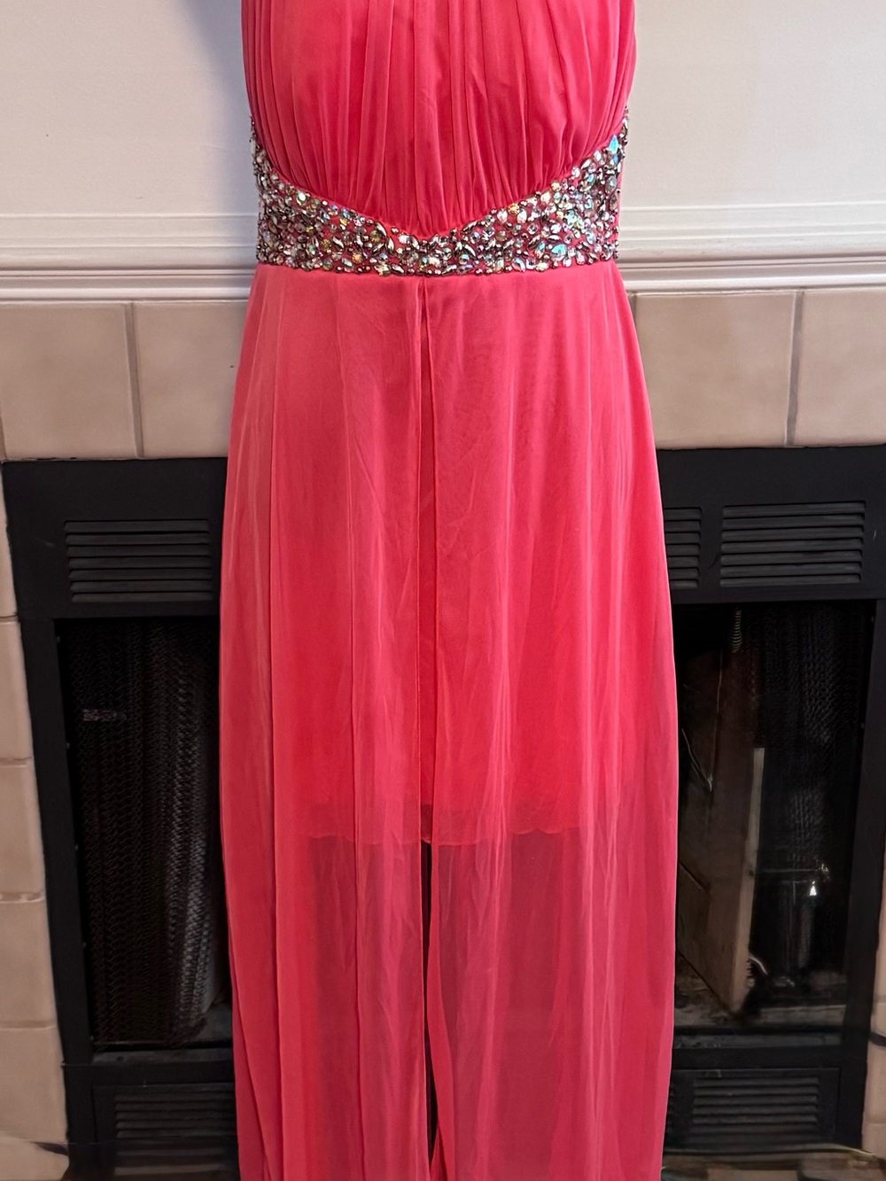B Darlin Coral Party Dress with “Crystal” Waistband